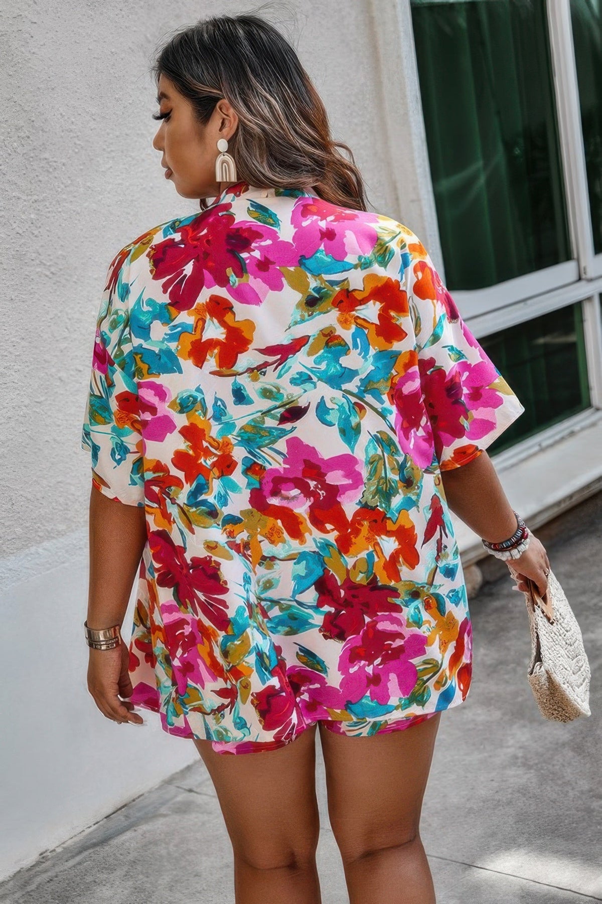 Plus Size Floral Print Open Front Shorts Sets
