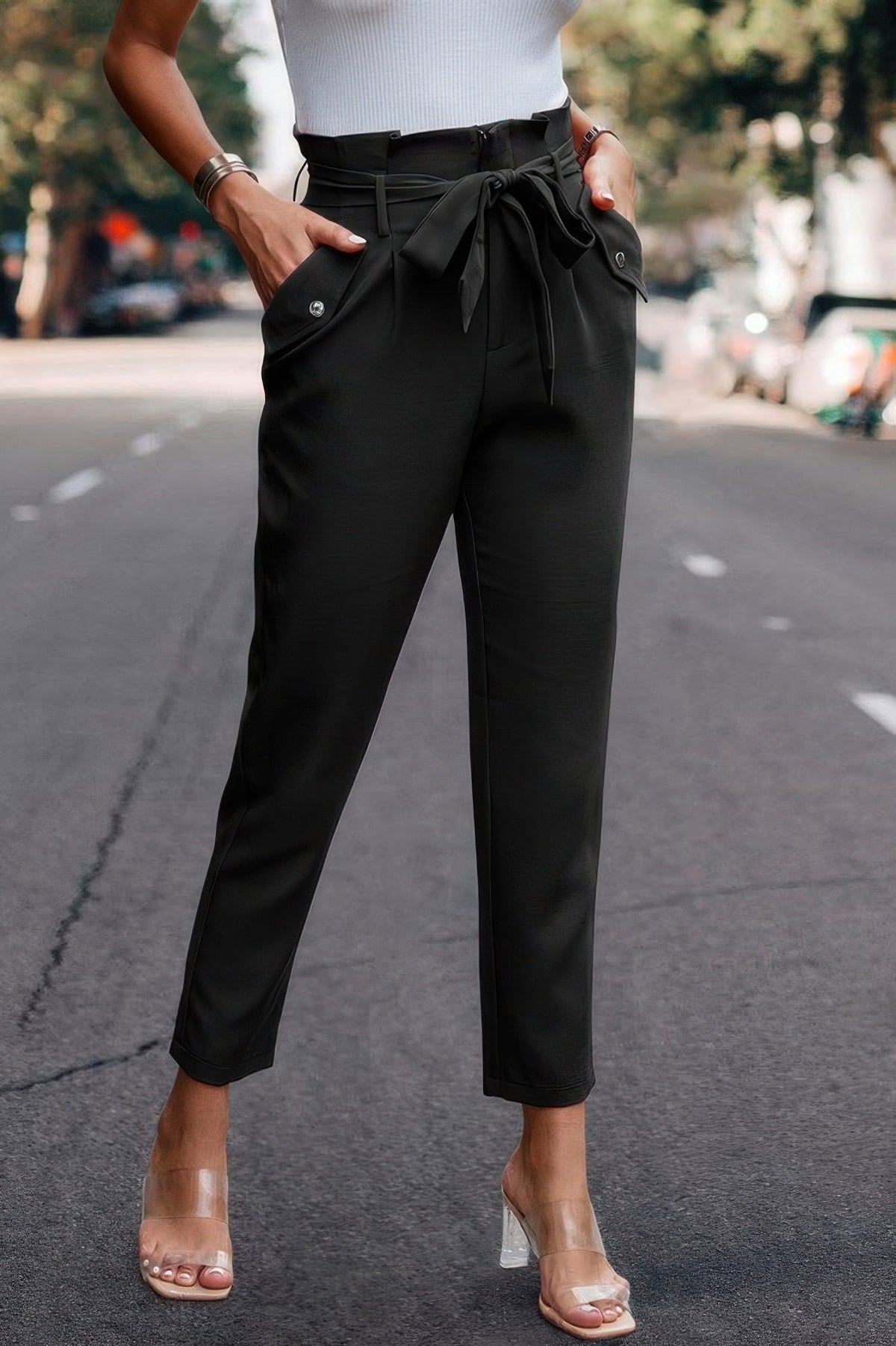 Ruffle Belt Pocket Solid Skinny Pants