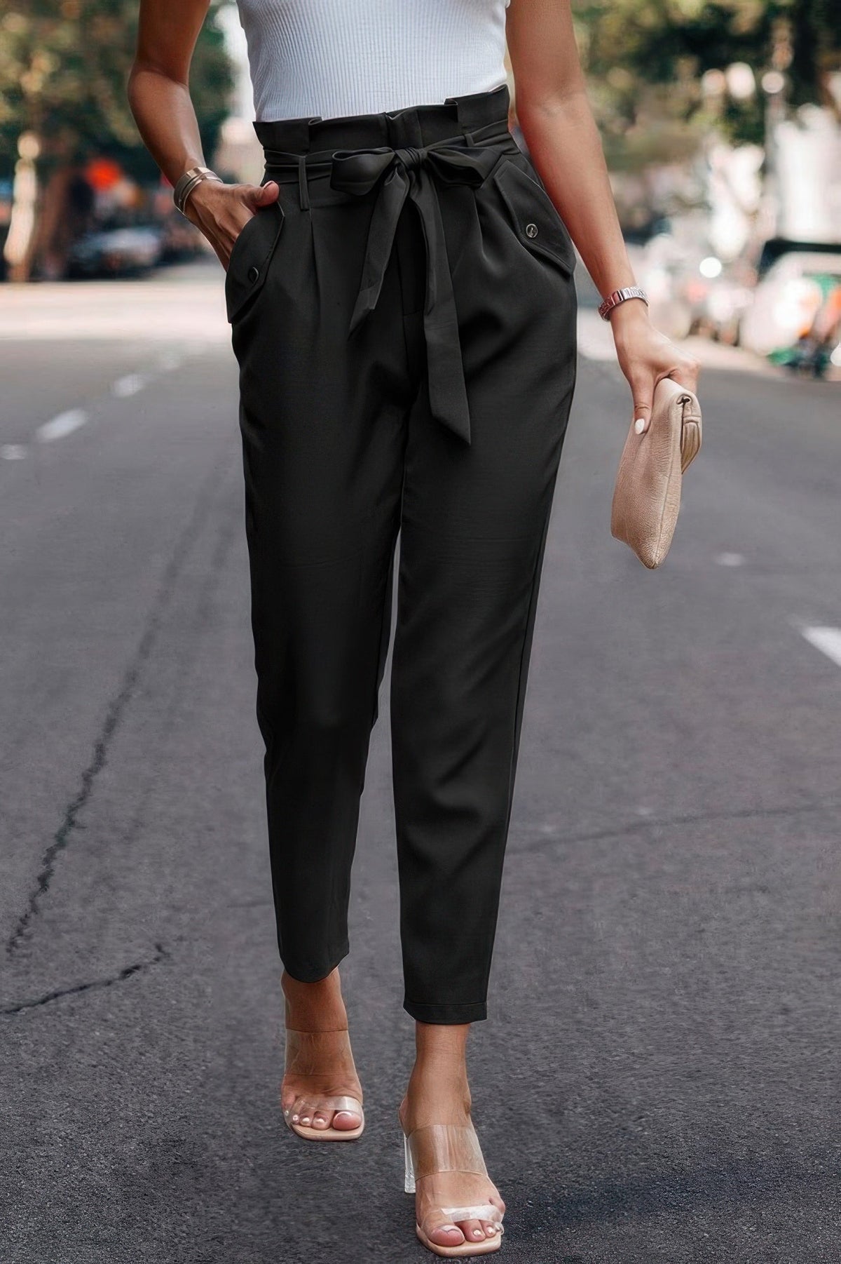 Ruffle Belt Pocket Solid Skinny Pants
