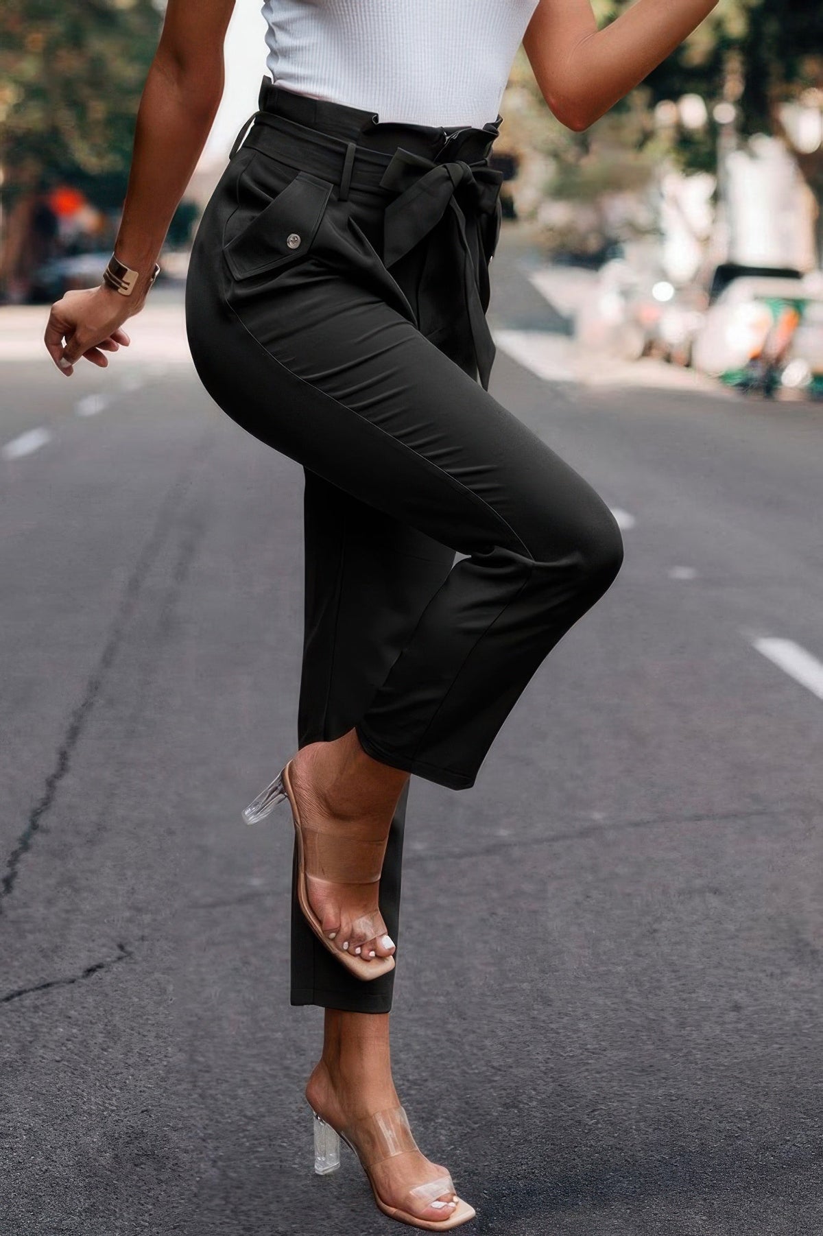 Ruffle Belt Pocket Solid Skinny Pants