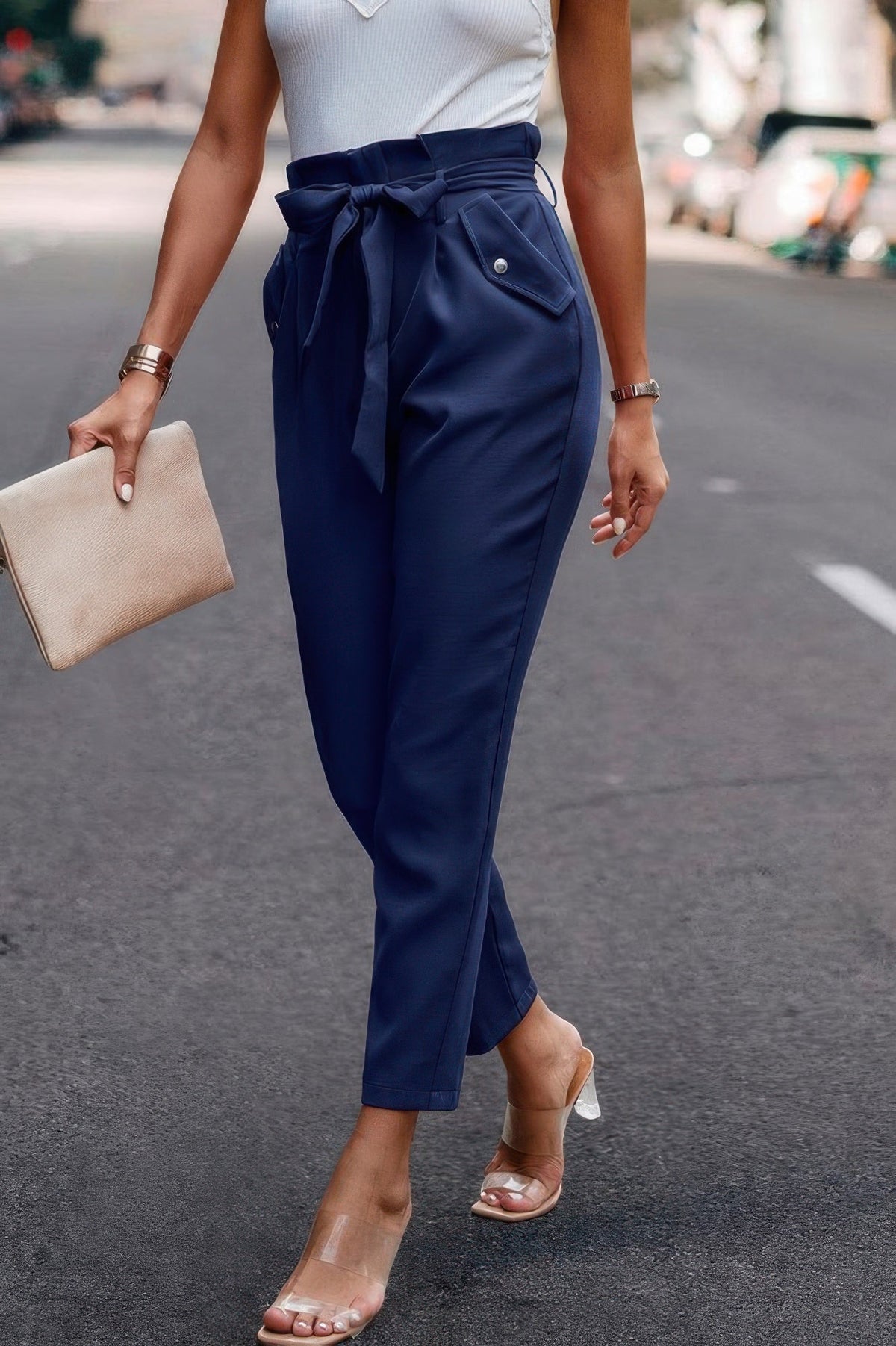 Ruffle Belt Pocket Solid Skinny Pants