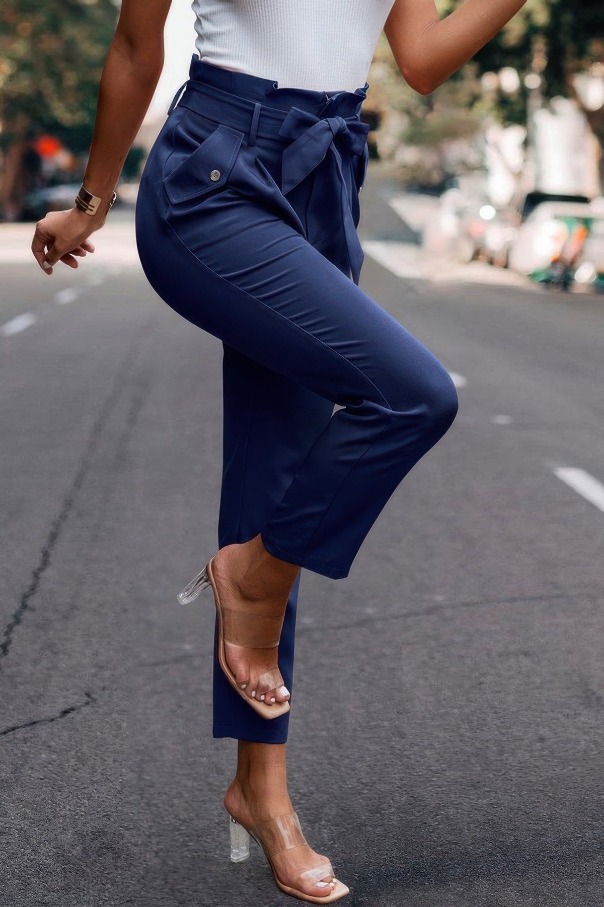 Ruffle Belt Pocket Solid Skinny Pants