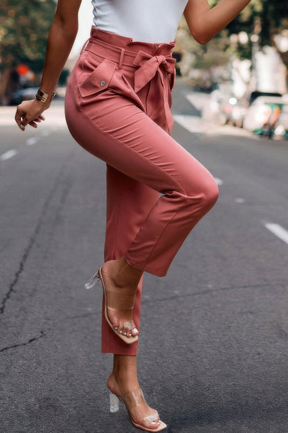 Ruffle Belt Pocket Solid Skinny Pants