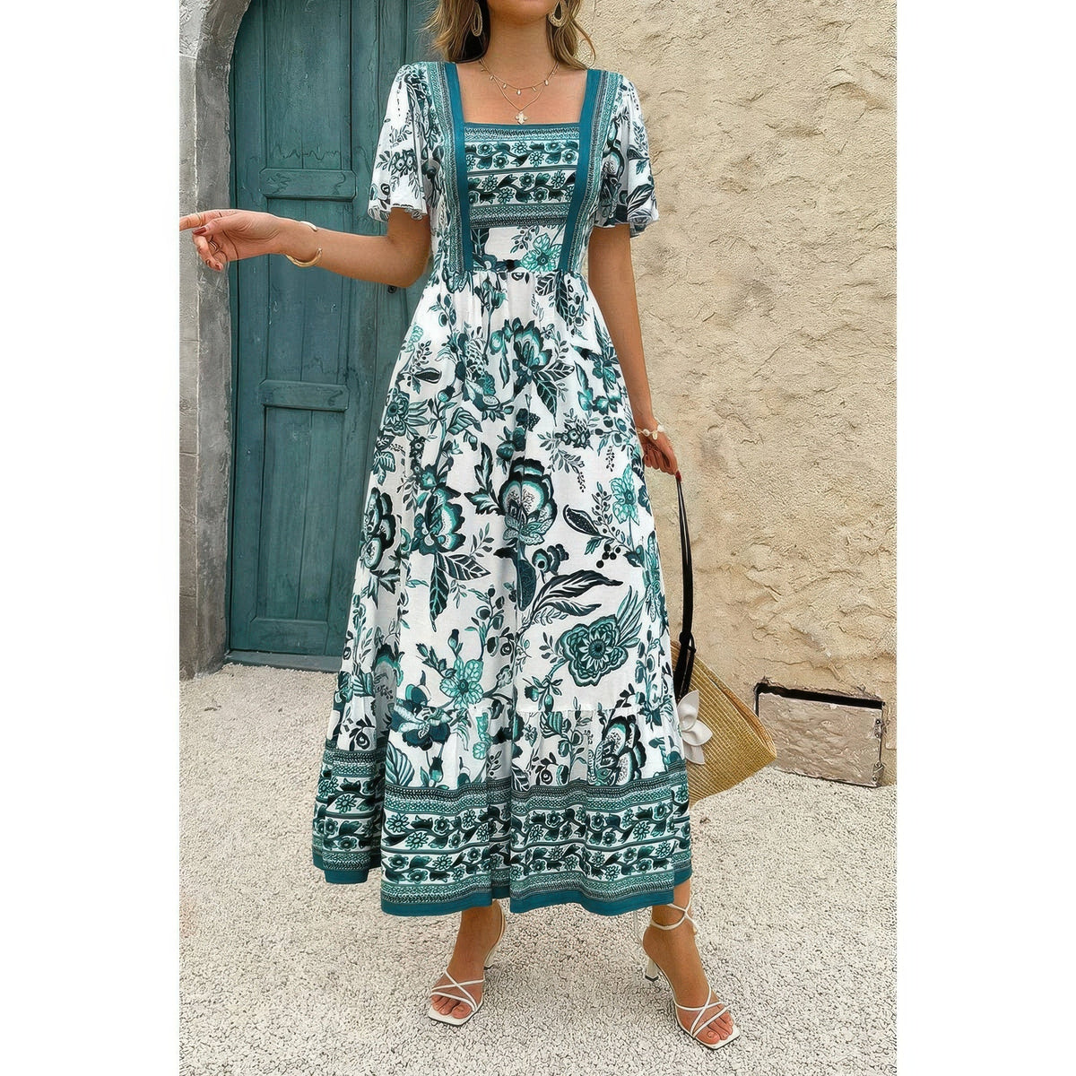Square Neck Floral Printed Ankle Length A Line Dress