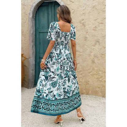 Square Neck Floral Printed Ankle Length A Line Dress