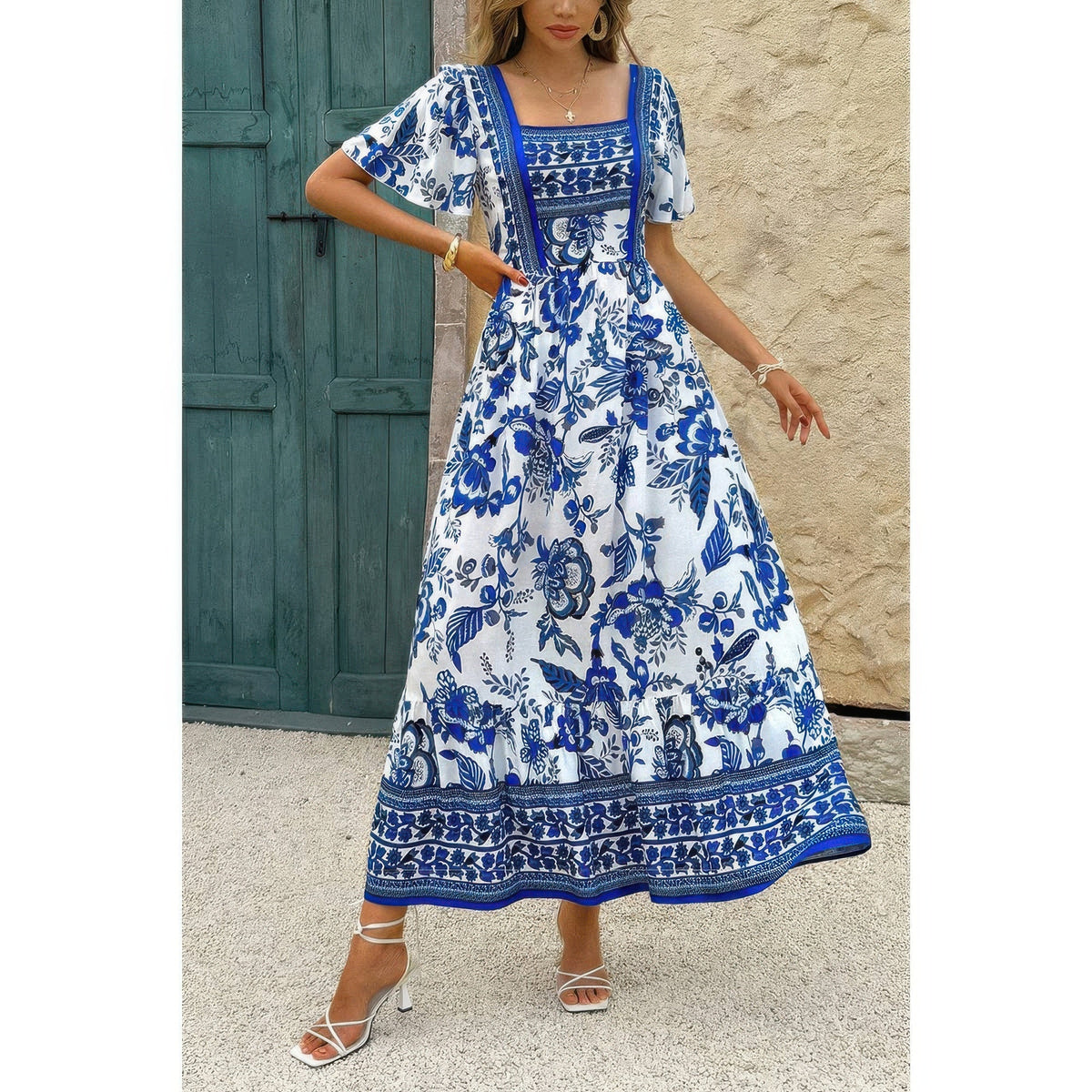 Square Neck Floral Printed Ankle Length A Line Dress