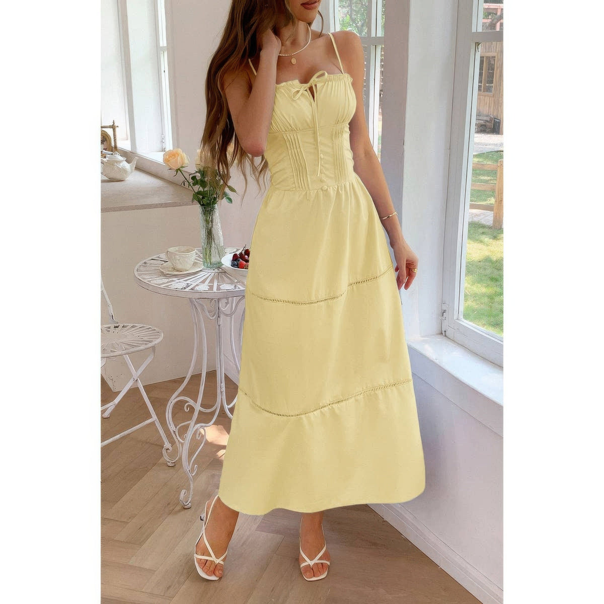 Solid Button Decor Pintuck Eyelet Shirred Dress