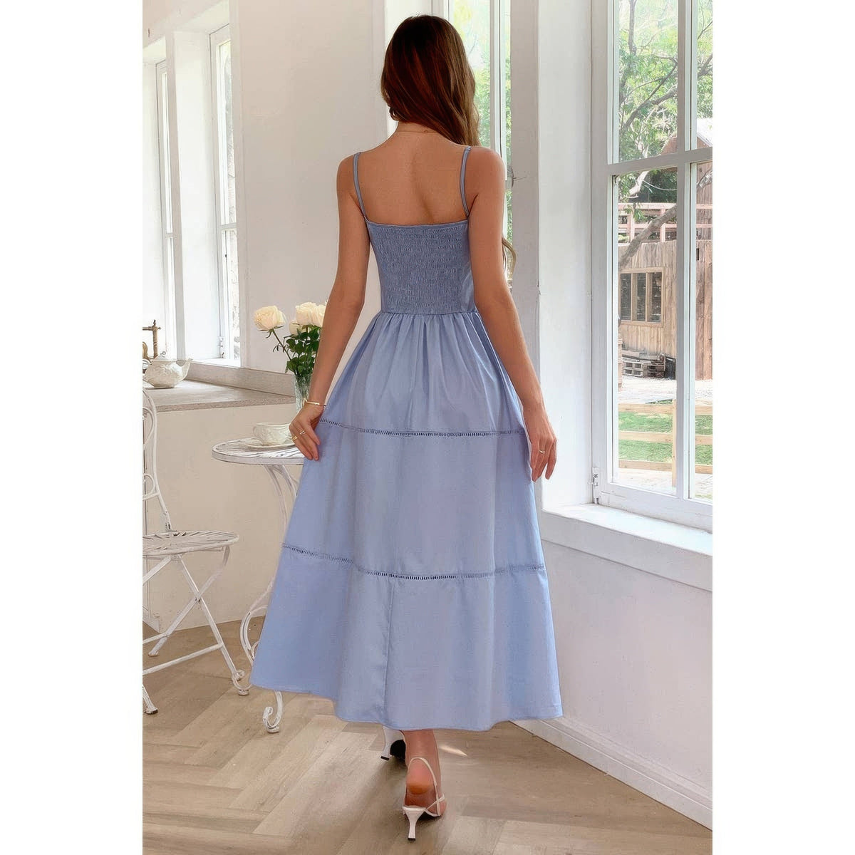 Solid Button Decor Pintuck Eyelet Shirred Dress