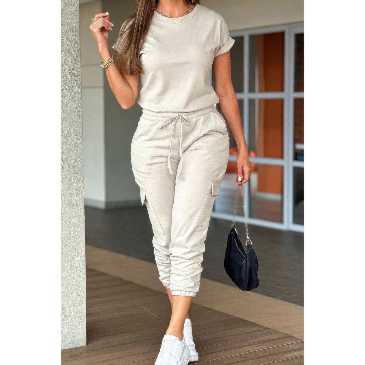One Piece Solid Round Neck Shirt Drawstring Jumpsuit