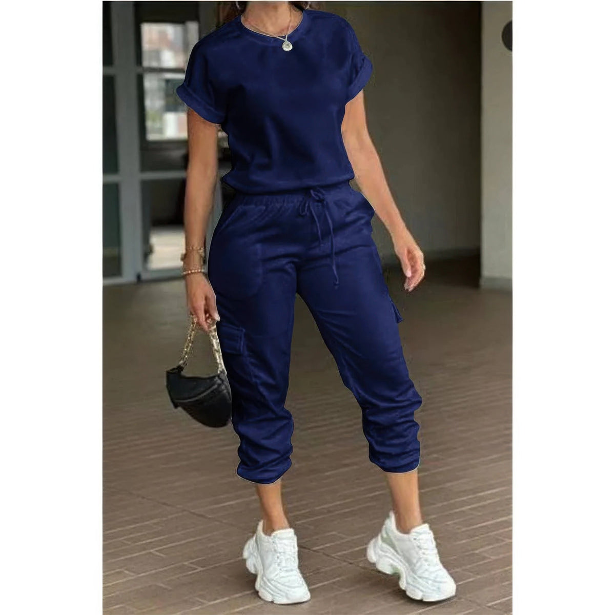 One Piece Solid Round Neck Shirt Drawstring Jumpsuit