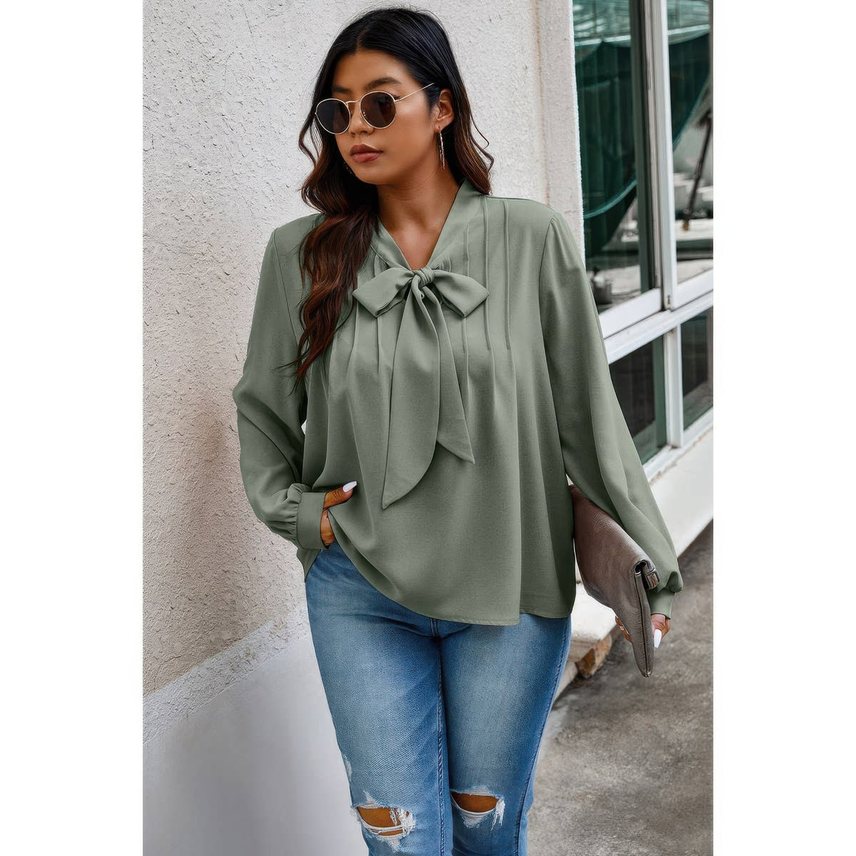 Plus Size Solid Ruched Knot Loose Fit Top