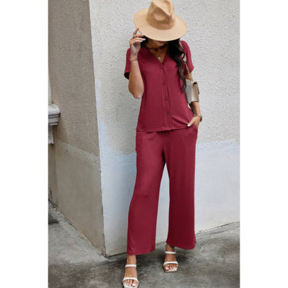 Solid Knit Pockets Button Up Two Pieces V Neck Set