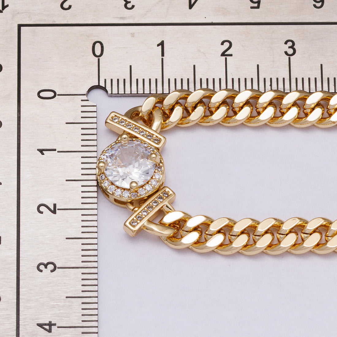 24K Gold Filled 6mm Round Micro Paved CZ Solitaire Curb Chain 17.5 Inch Necklace | WA-04280