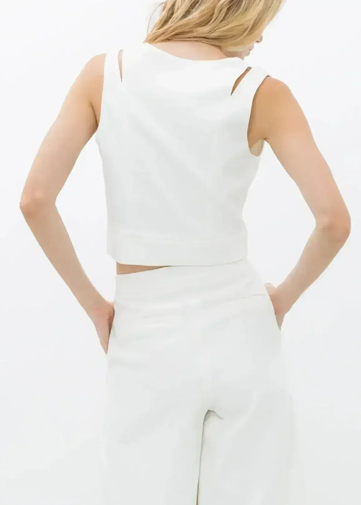 White V-Neck Sleeveless Crop Top - Keyhole &amp; Zipper Detail