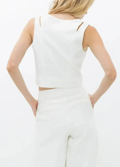 White V-Neck Sleeveless Crop Top - Keyhole &amp; Zipper Detail