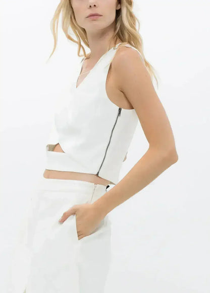 White V-Neck Sleeveless Crop Top - Keyhole &amp; Zipper Detail