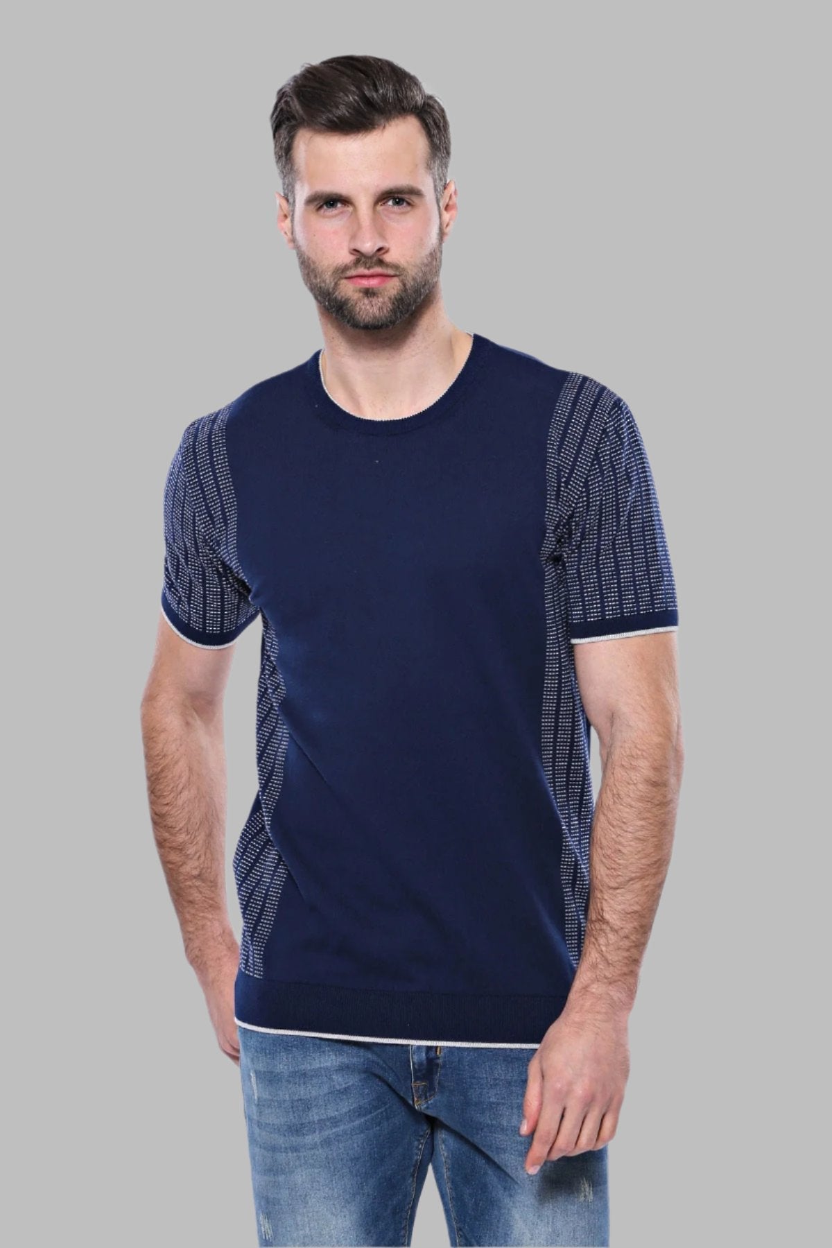 Circle Neck Patterned Navy Knitted T-Shirt - Wessi