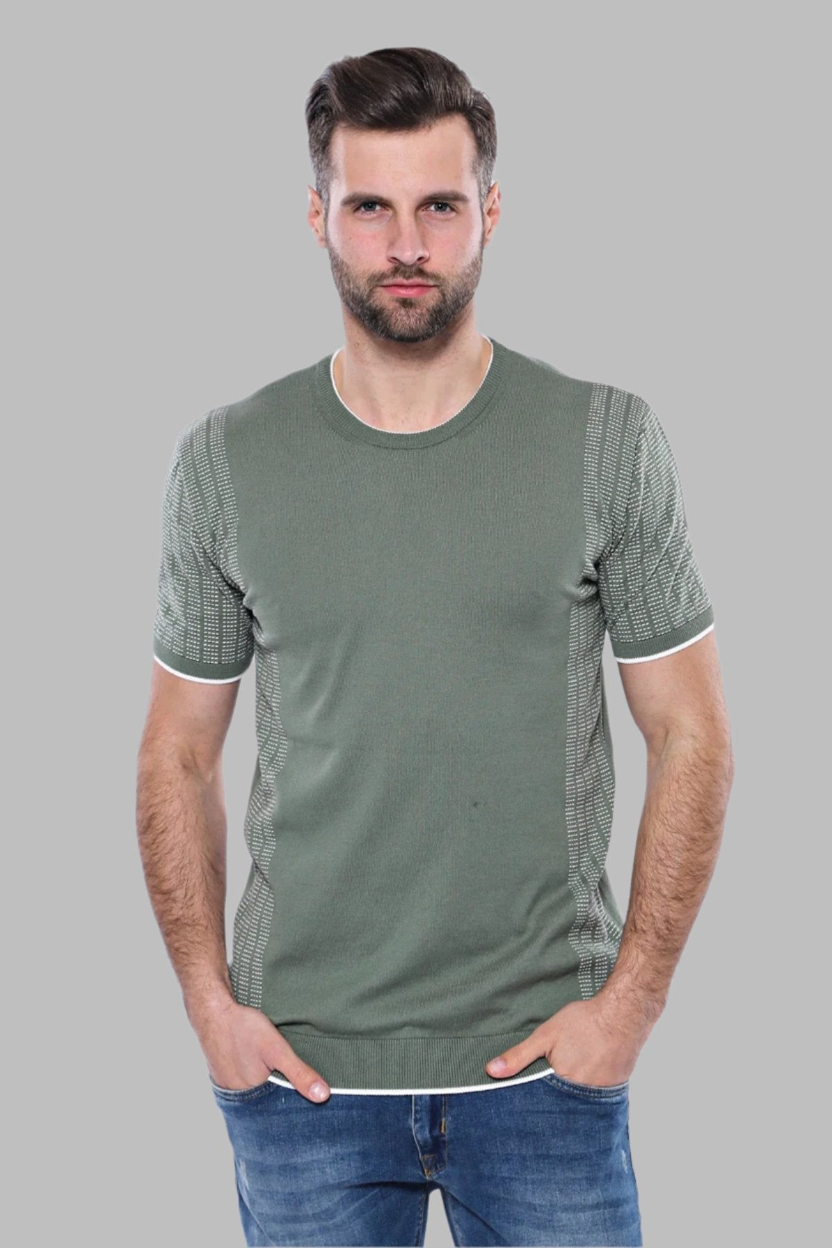 Circle Neck Patterned Green Knitted T-Shirt - Wessi