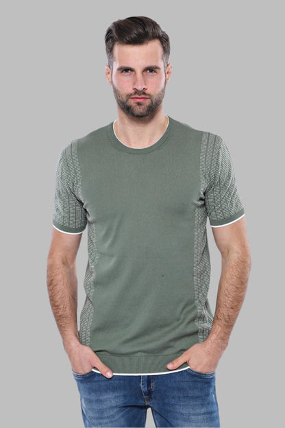 Circle Neck Patterned Green Knitted T-Shirt - Wessi