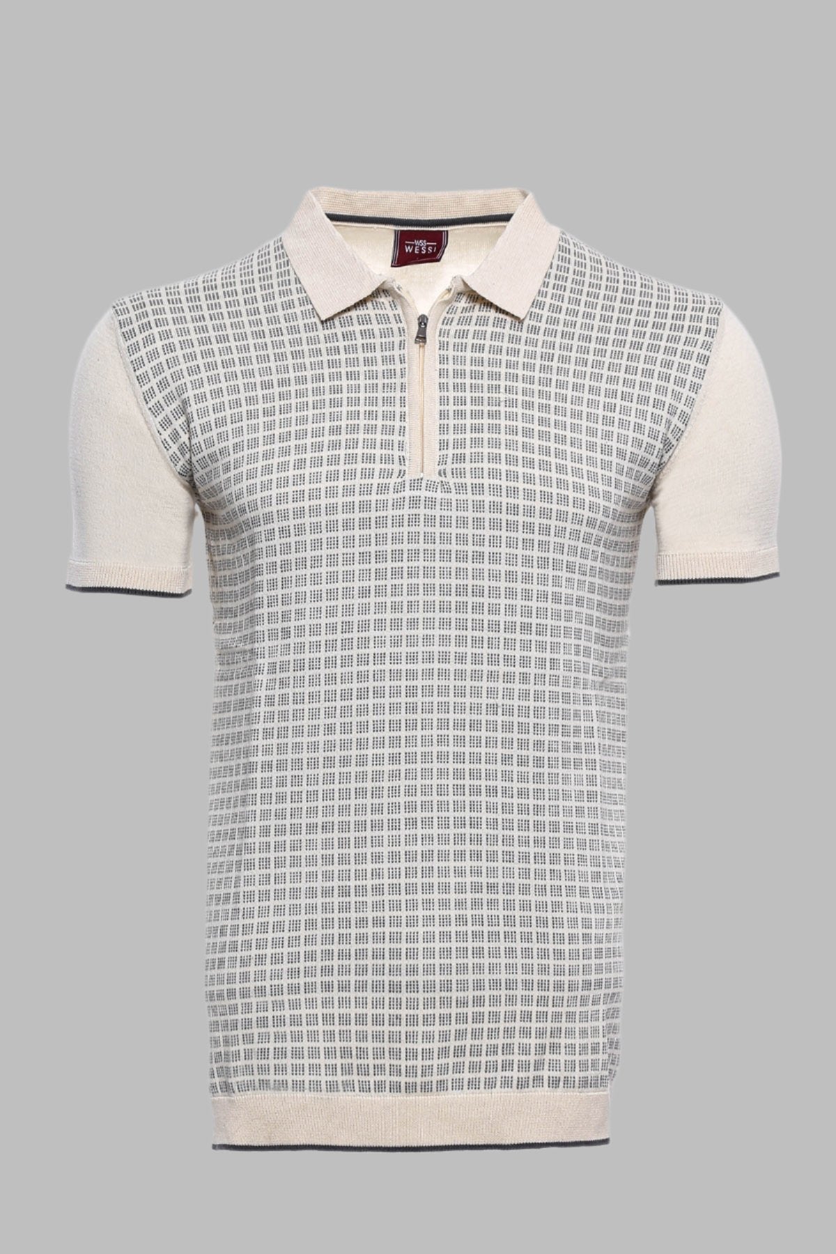 Cream Plaid Zippered Polo Knitted T-Shirt | Wessi