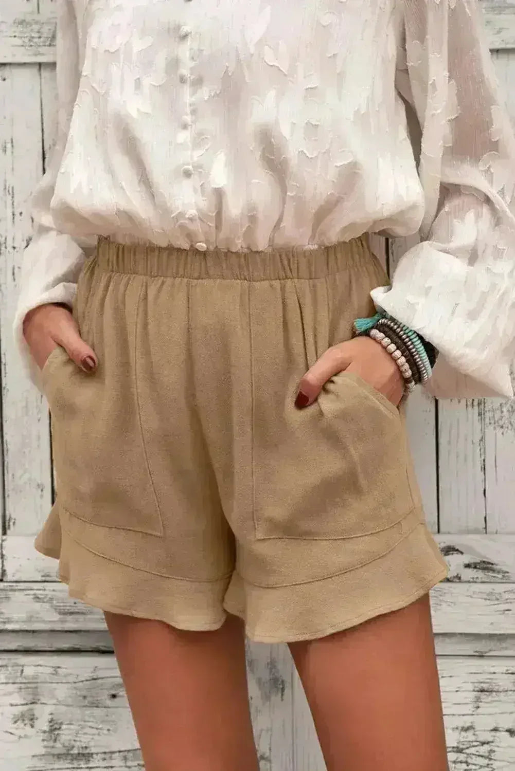 Khaki Flutter Shorts – Women Casual Pockets | Polyester-Spandex Blend
