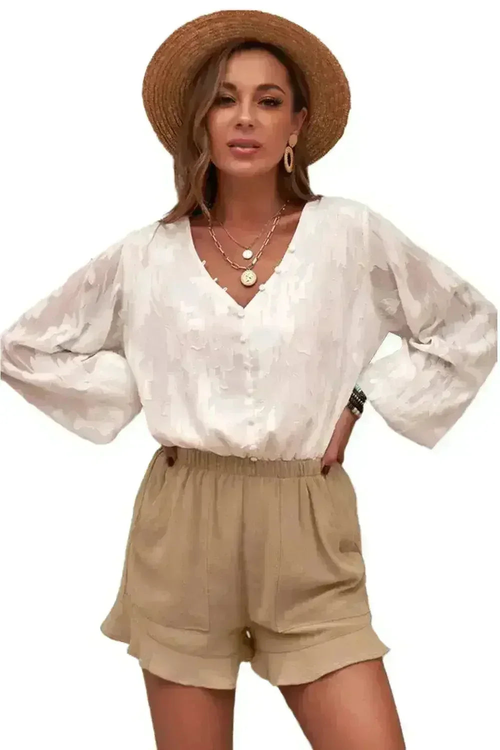 Khaki Flutter Shorts – Women Casual Pockets | Polyester-Spandex Blend