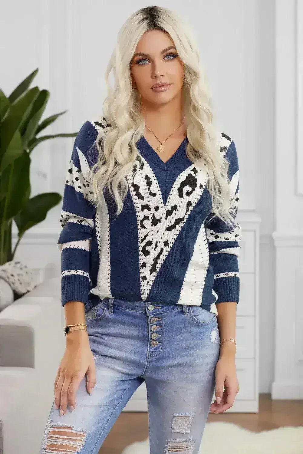 Blue Animal Print Sweater - Leopard Accent V-Neck Knit Top | Femstylo