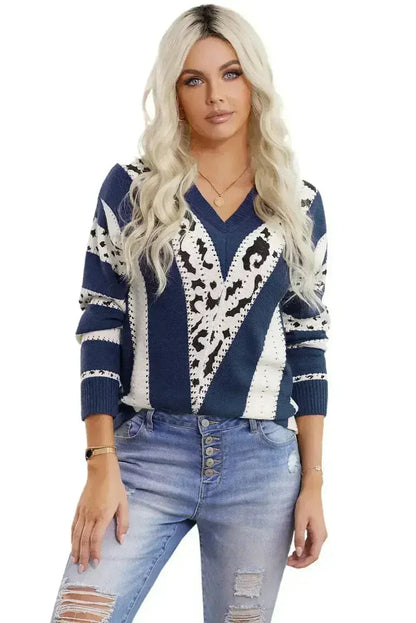 Blue Animal Print Sweater - Leopard Accent V-Neck Knit Top | Femstylo