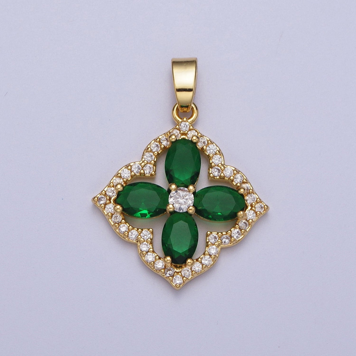 14K Gold Filled 26mm Green Micro Paved CZ Geometric Clover Flower Pendant | X548
