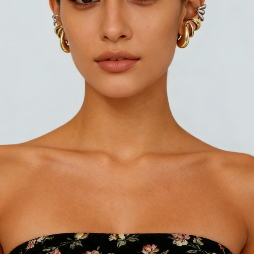 C-Shaped Hoop Ear Cuffs with Spiral &amp; Teardrop Design