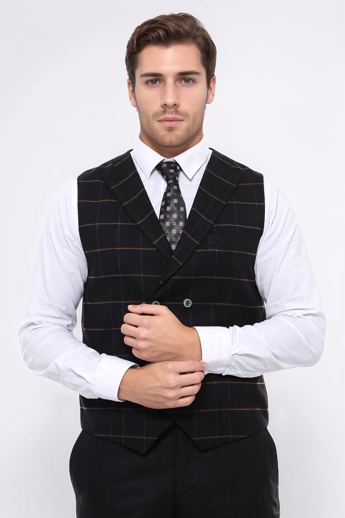 Double Breasted Plaid Black Men Vest - Wessi