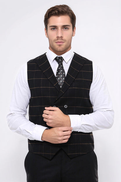 Double Breasted Plaid Black Men Vest - Wessi