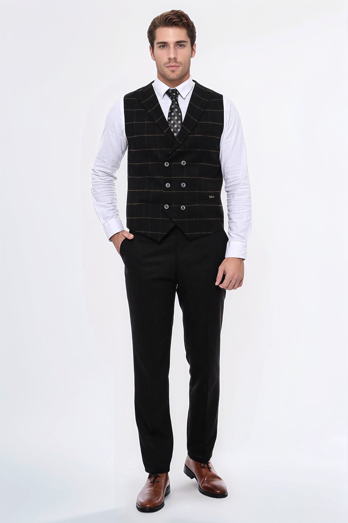 Double Breasted Plaid Black Men Vest - Wessi