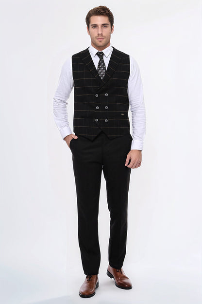 Double Breasted Plaid Black Men Vest - Wessi