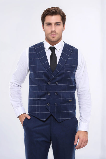 Double Breasted Plaid Blue Men Vest - Wessi