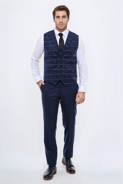 Double Breasted Plaid Blue Men Vest - Wessi