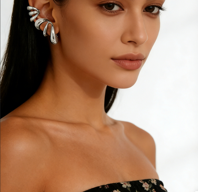 C-Shaped Hoop Ear Cuffs with Spiral &amp; Teardrop Design