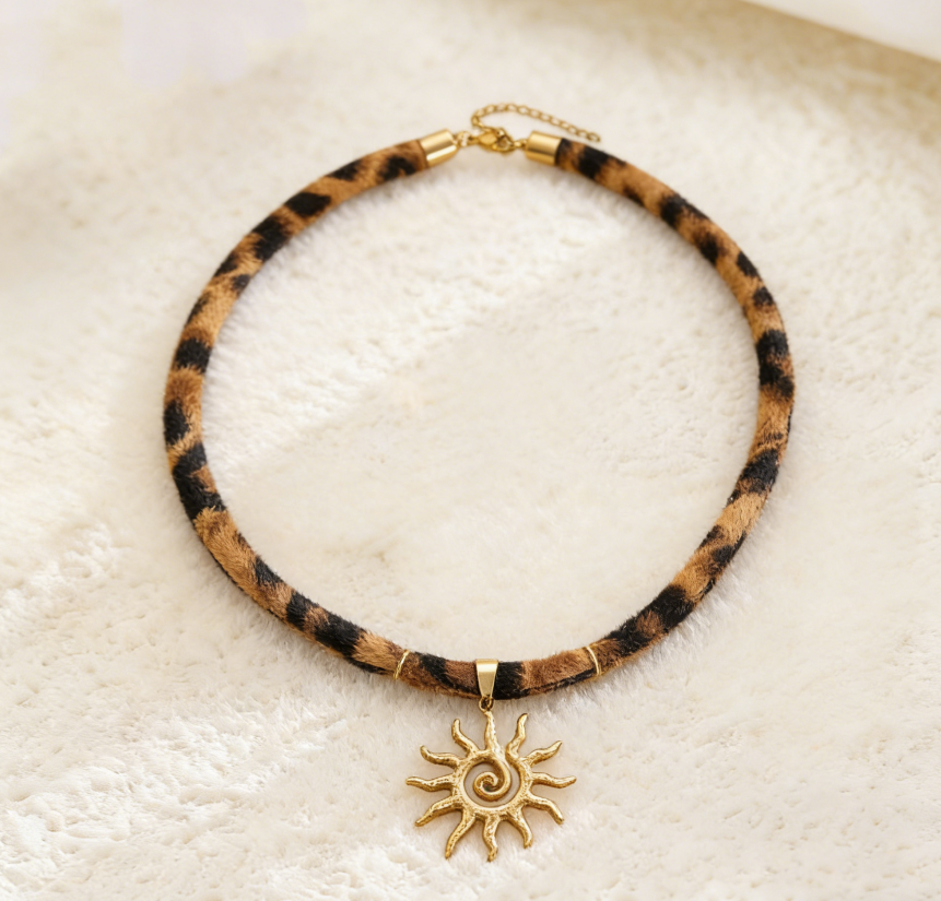 Leopard Print Ribbon Necklace with Sun &amp; Gecko Charms