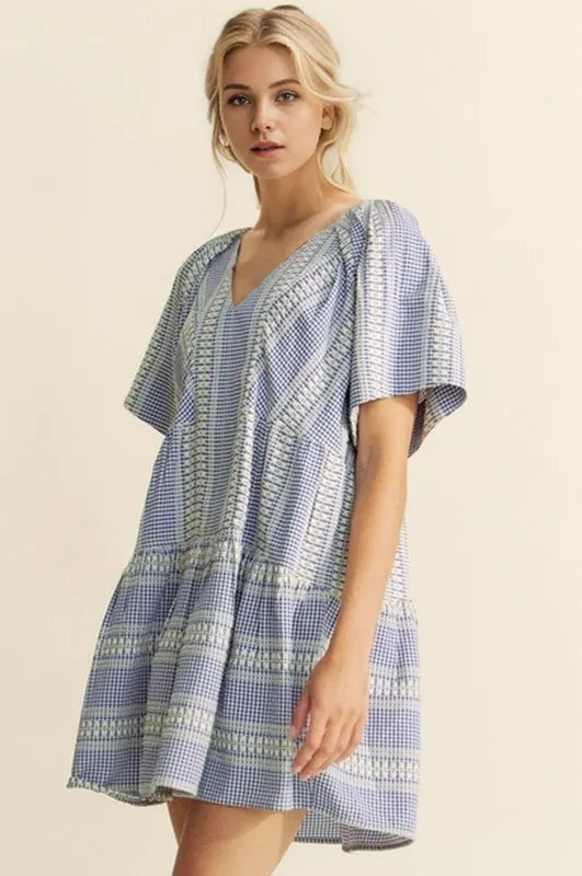 Davi &amp; Dani Embroidered Stripe Ruffled Gingham Mini Dress