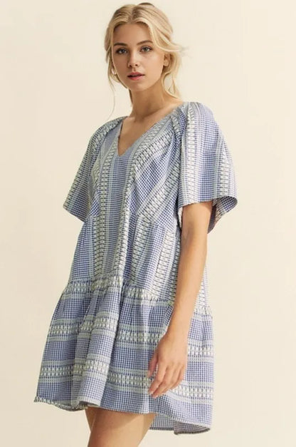 Davi &amp; Dani Embroidered Stripe Ruffled Gingham Mini Dress