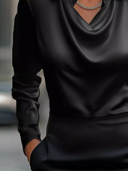 Full Size Satin Cowl Neck Long Sleeve Blouse Plus Size