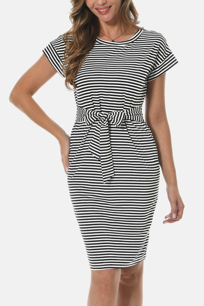 Tie Front Round Neck Short Sleeve Dress for Women
