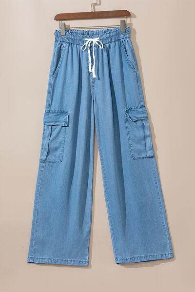 Drawstring Cargo Pocket Wide Leg Jeans for All-Day Comfort