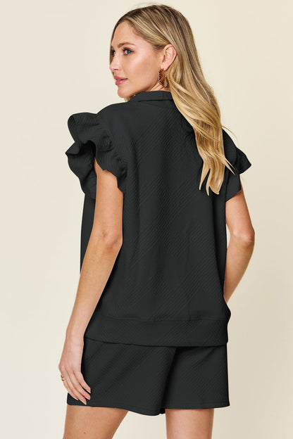 Textured Flounce Sleeve &amp; Drawstring Shorts Set