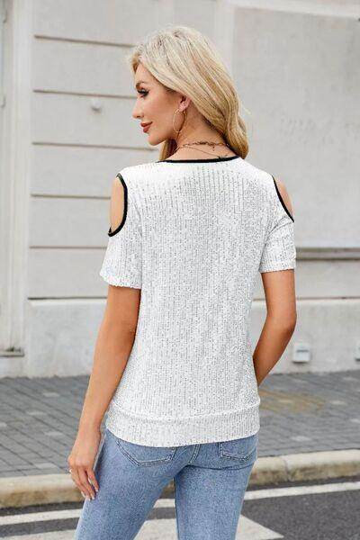 Sequin Crisscross V-Neck Cold Shoulder Blouse for Women