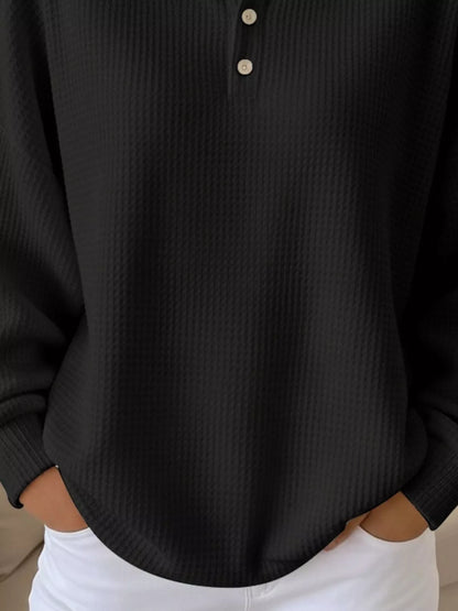 Full Size Waffle Knit Button Detail Sweatshirt Plus Size