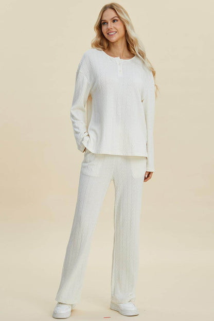 Double Take Full Size Cable-Knit Long Sleeve Top Pants Set