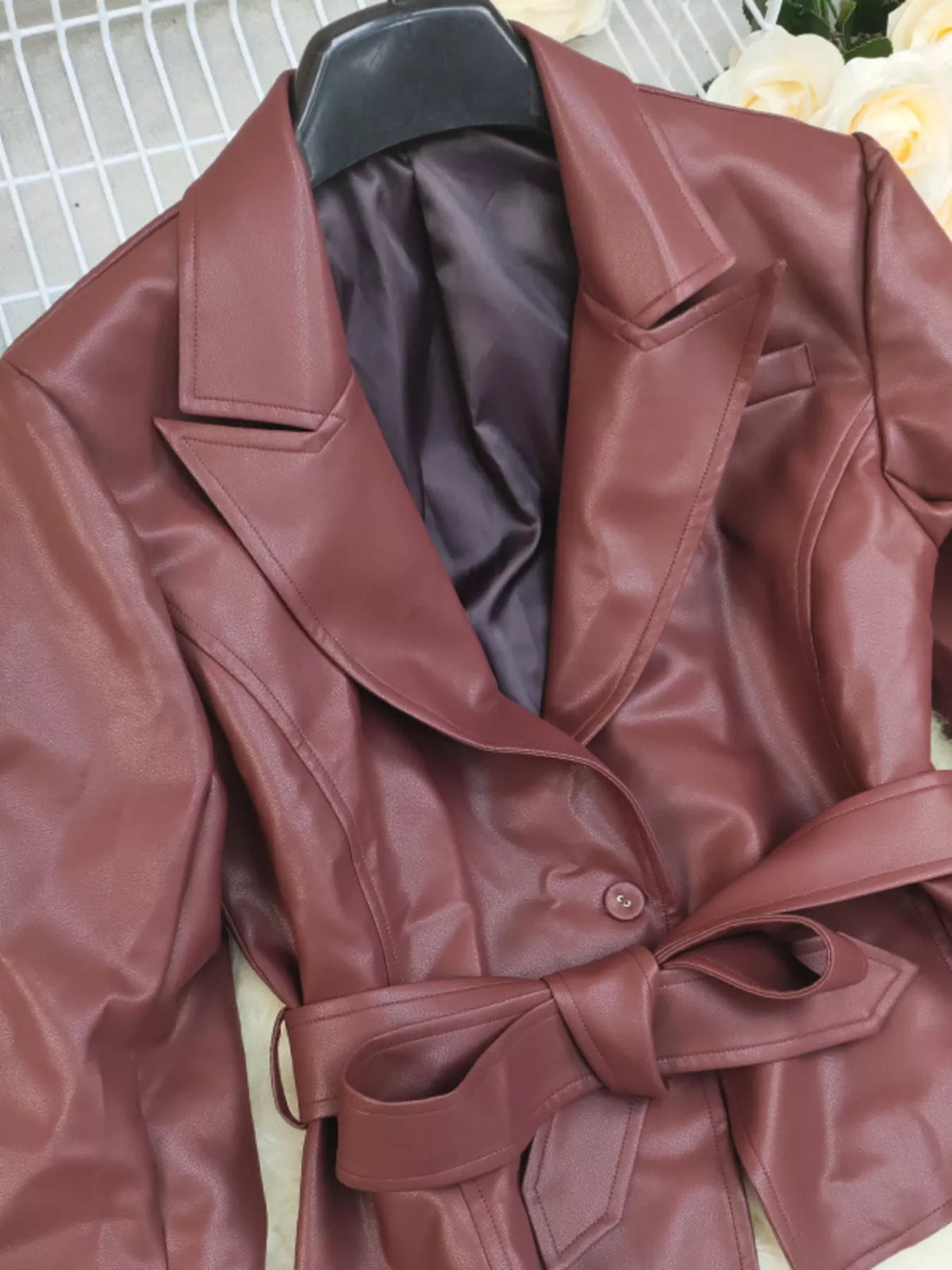 Belted Faux Leather Blazer