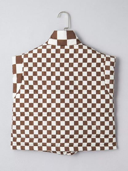 Double Checked Stand Collar Cropped Puffer Vest
