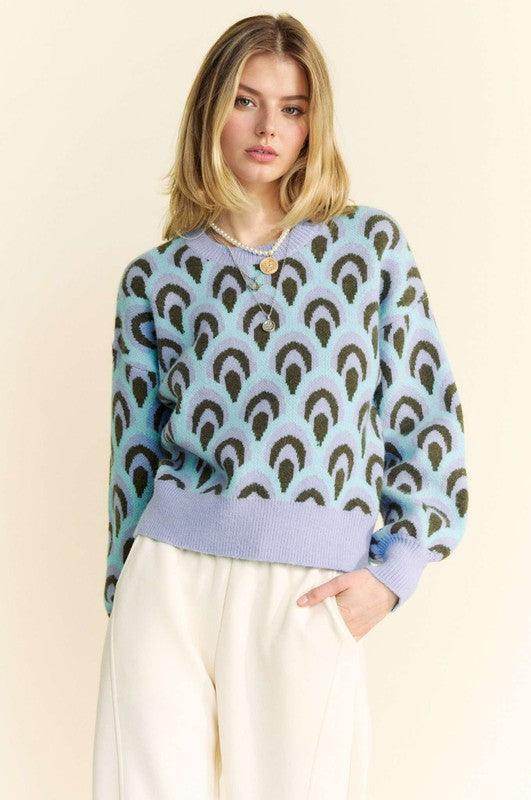 Davi &amp; Dani Scale Jacquard Round Neck Drop Shoulder Sweater